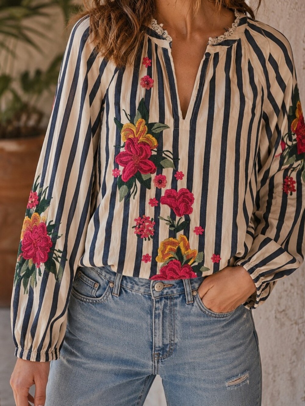Anthropology Embroidered Stripe Peasant Blouse - Navy & Cream with Pink Floral